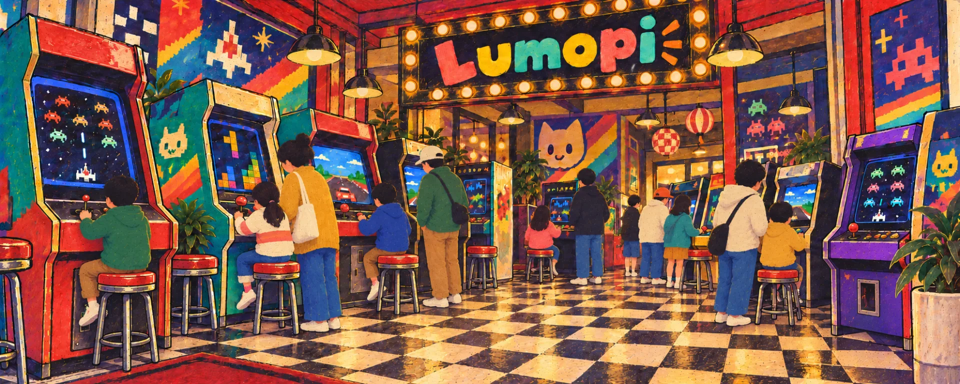 A painted retro Lumopi arcade where children, adults and families enjoy colorful game cabinets.